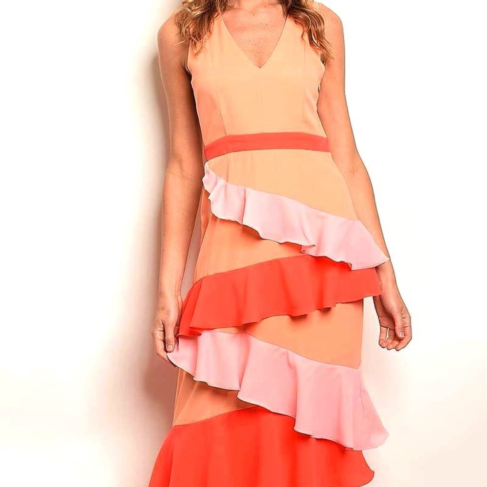 MULTI COLOR BLOCK RUFFLE DETAIL MAXI DRESS